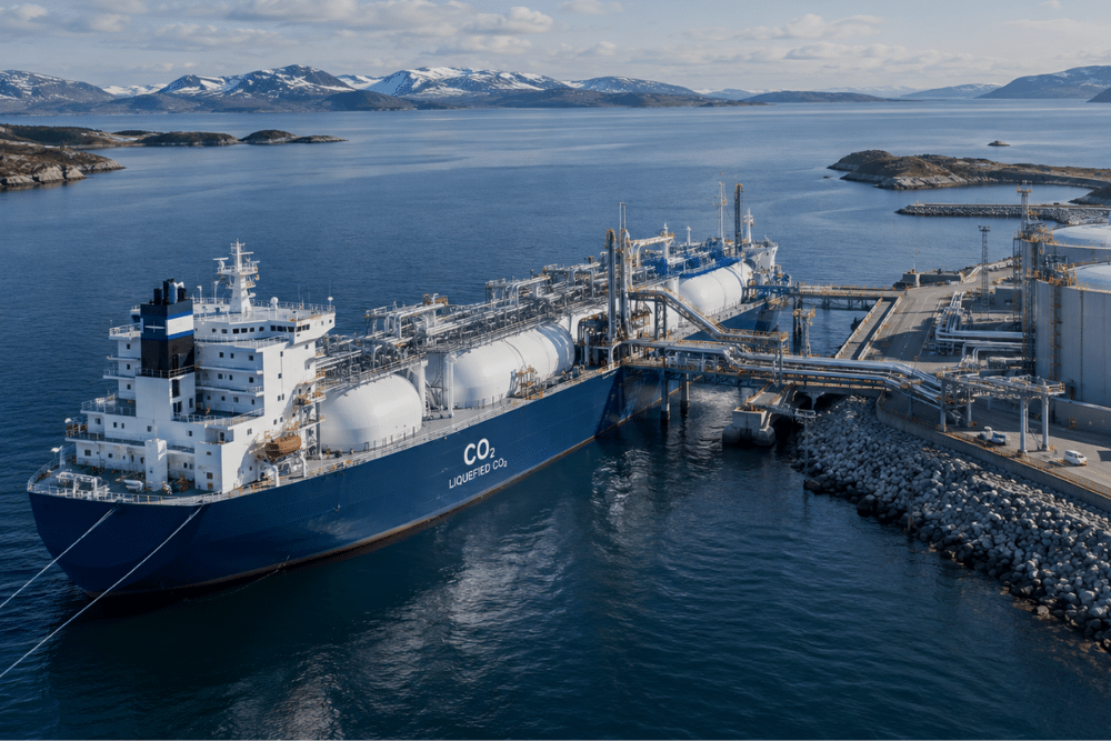 Navire transporteur de CO2 liquéfié à quai dans un terminal maritime de la mer du Nord